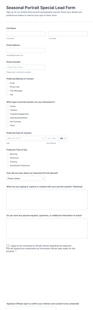 Seasonal Portrait Special Lead Form Template