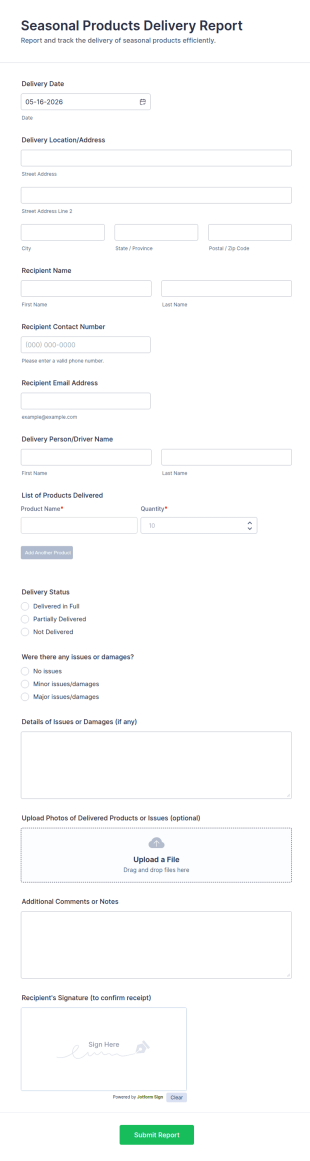 Seasonal Products Delivery Report Form Template