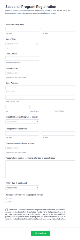 Seasonal Program Registration Form Template