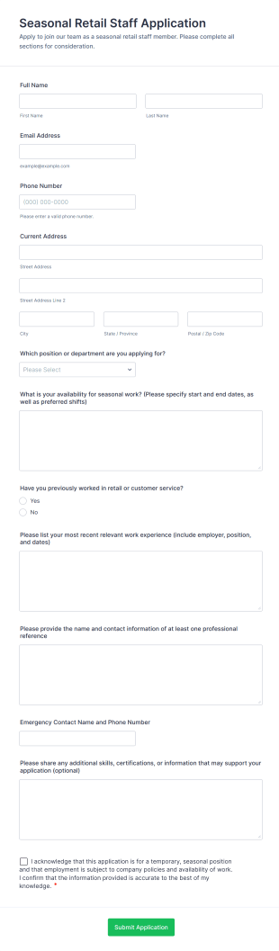 Seasonal Retail Staff Application Form Template
