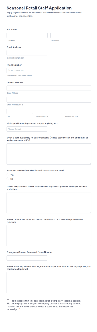 Seasonal Retail Staff Application Form Template