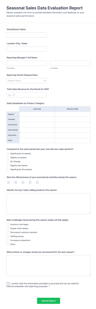Seasonal Sales Data Evaluation Report Form Template