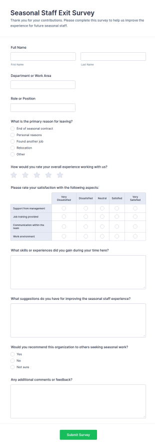 Seasonal Staff Exit Survey Form Template