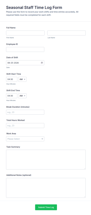 Seasonal Staff Time Log Form Template