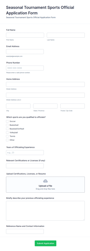 Seasonal Tournament Sports Official Application Form Template