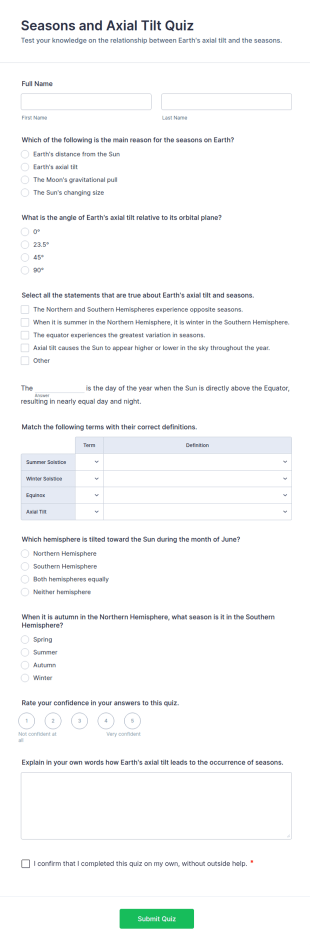 Seasons And Axial Tilt Quiz Form Template