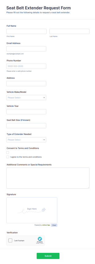 Seat Belt Extender Request Form Template