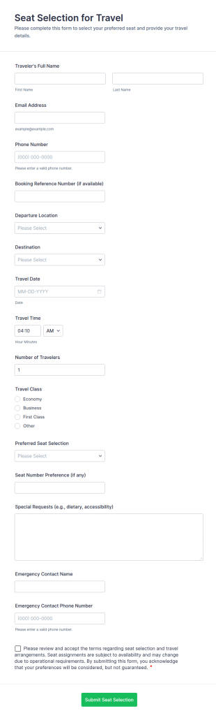 Seat Selection For Travel Form Template