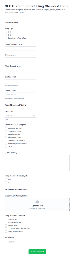 SEC Current Report Filing Checklist Form Template