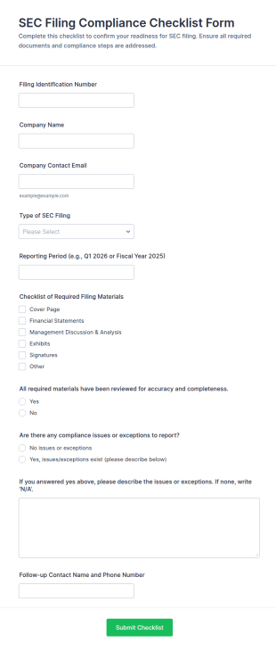 SEC Filing Compliance Checklist Form Template