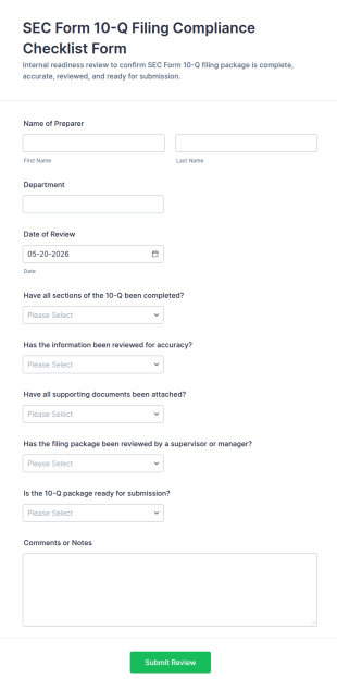 SEC Form 10 Q Filing Compliance Checklist Form