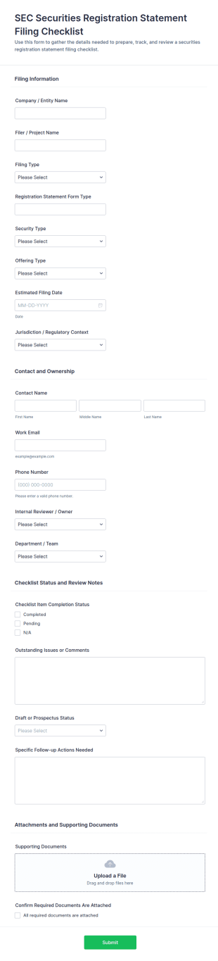 SEC Securities Registration Statement Filing Checklist Form Template