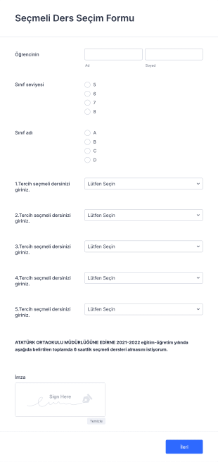 Seçmeli Ders Seçim Form Template