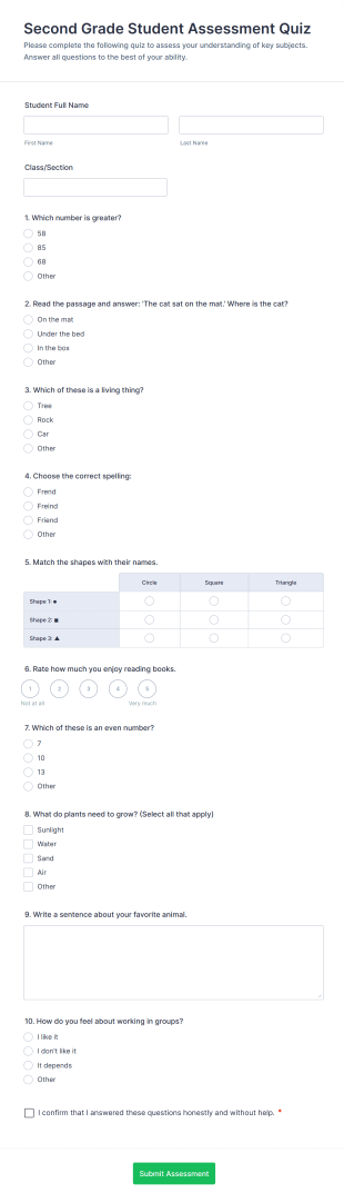 Second Grade Student Assessment Quiz Form Template