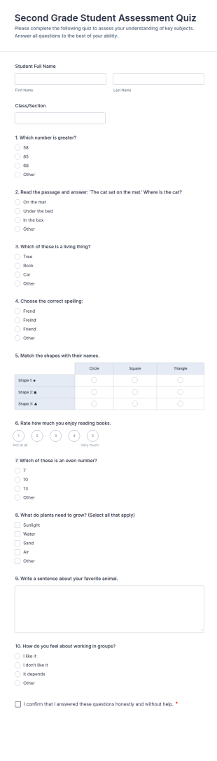 Second Grade Student Assessment Quiz Form Template