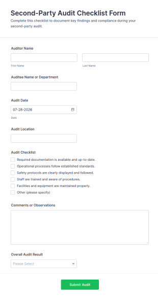 Second Party Audit Checklist Form Template