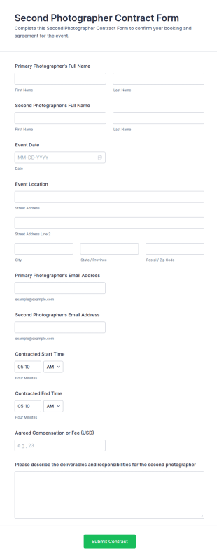 Second Photographer Contract Form Template
