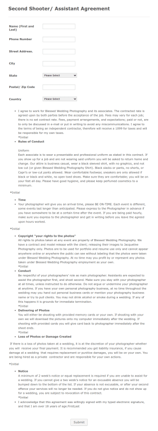 Second Shooter Assistant Agreement Form Template