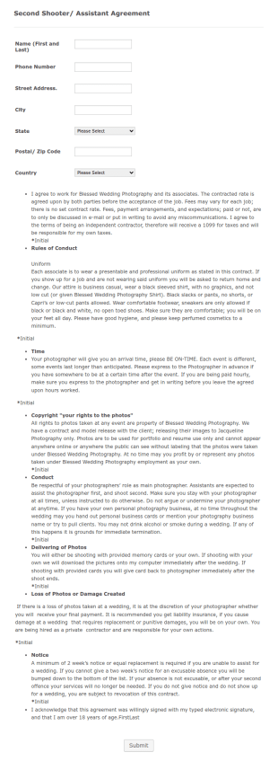 Second Shooter Assistant Agreement Form Template