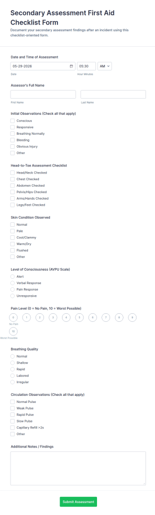 Secondary Assessment First Aid Checklist Form Template