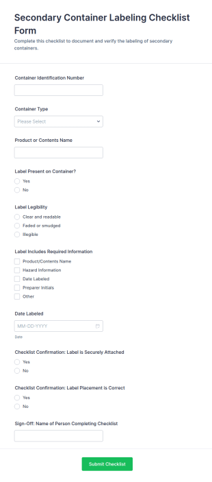 Secondary Container Labeling Checklist Form Template