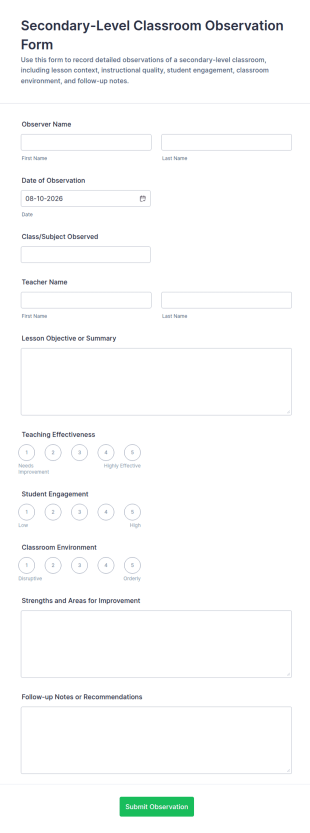 Secondary Level Classroom Observation Form Template