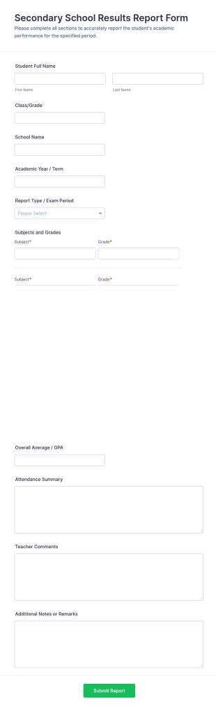 Secondary School Results Report Form Template