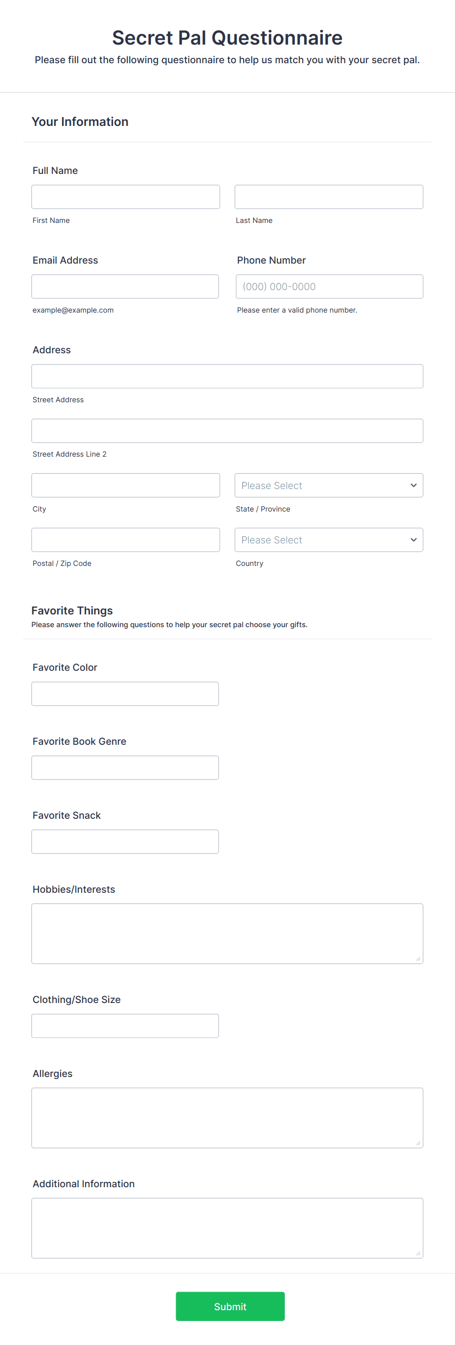 secret pal questionnaire form template | jotform