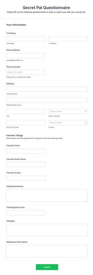 Secret Pal Questionnaire Form Template