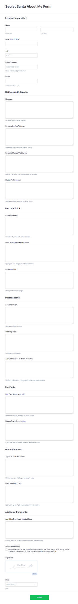 Secret Santa About Me Form Template