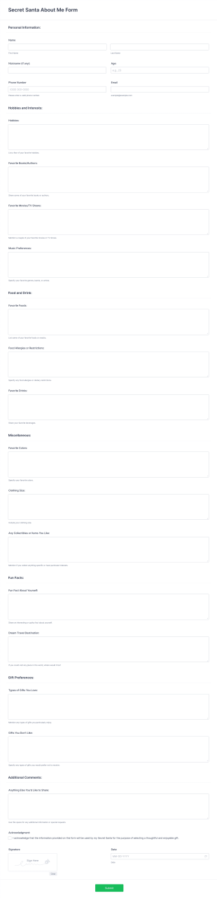 Secret Santa About Me Form Template