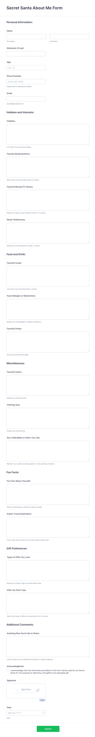 Secret Santa About Me Form Template