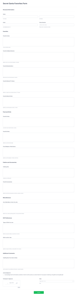 Secret Santa Favorites Form Template