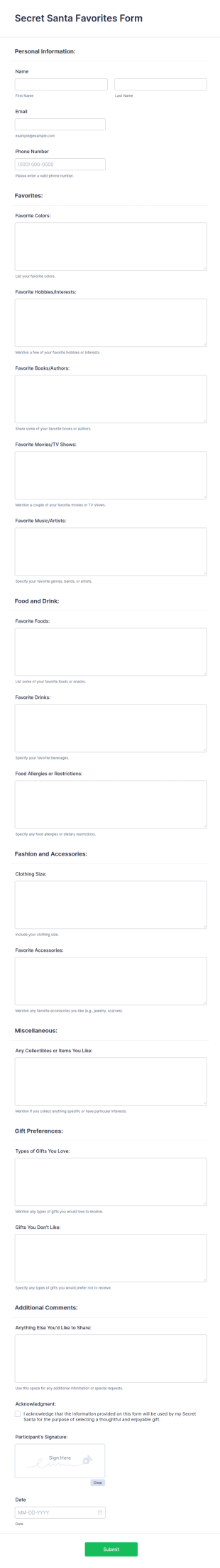 Secret Santa Favorites Form Template