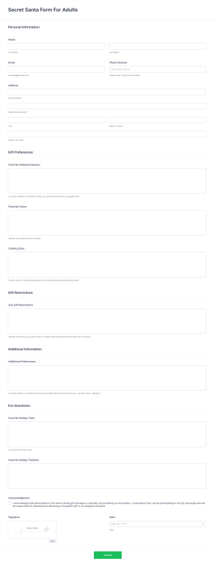 Secret Santa Form For Adults Form Template