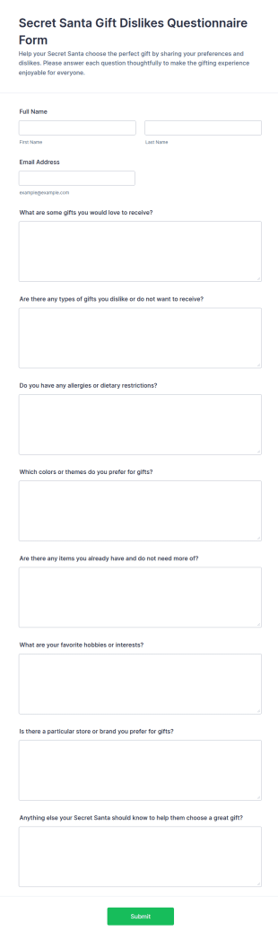 Secret Santa Gift Dislikes Questionnaire Form Template