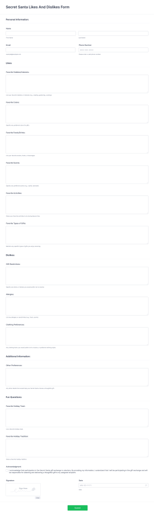 Secret Santa Likes And Dislikes Form Template