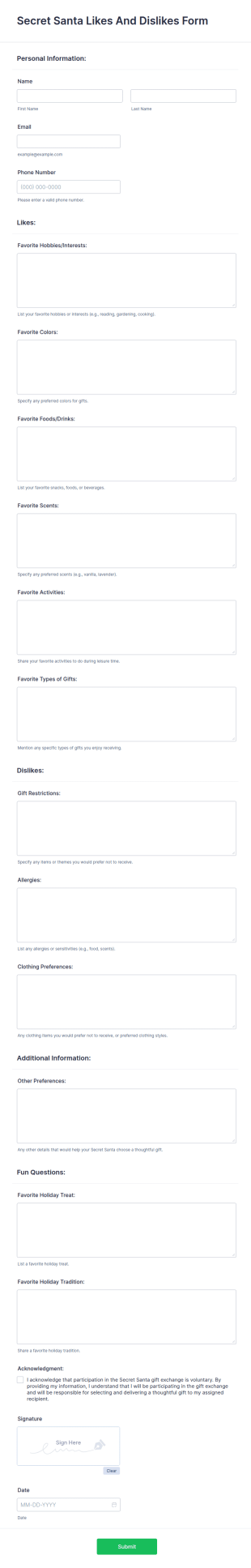 Secret Santa Likes And Dislikes Form Template