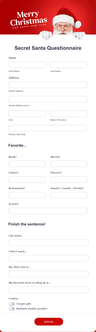 Secret Santa Questionnaire Form Template