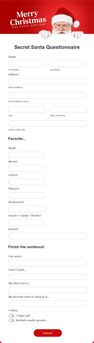 Secret Santa Questionnaire Form Template