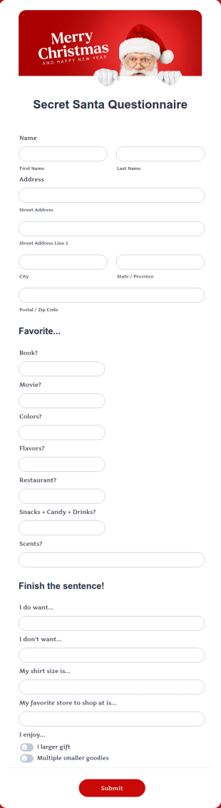 Secret Santa Questionnaire Form Template
