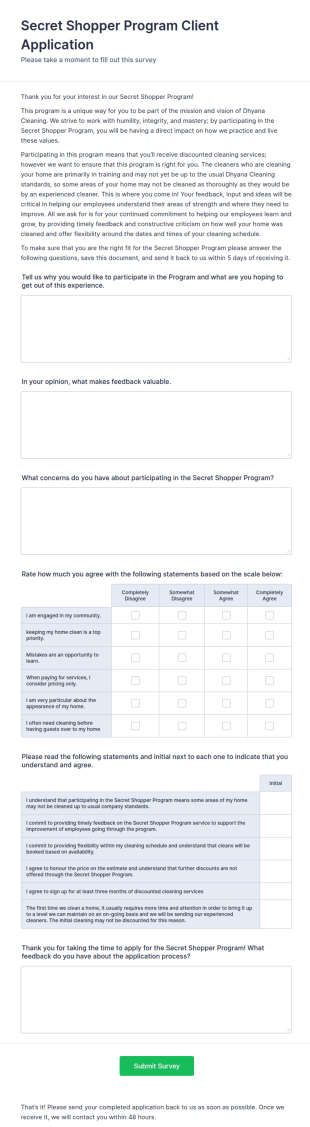 Secret Shopper Program Client Application Form Template