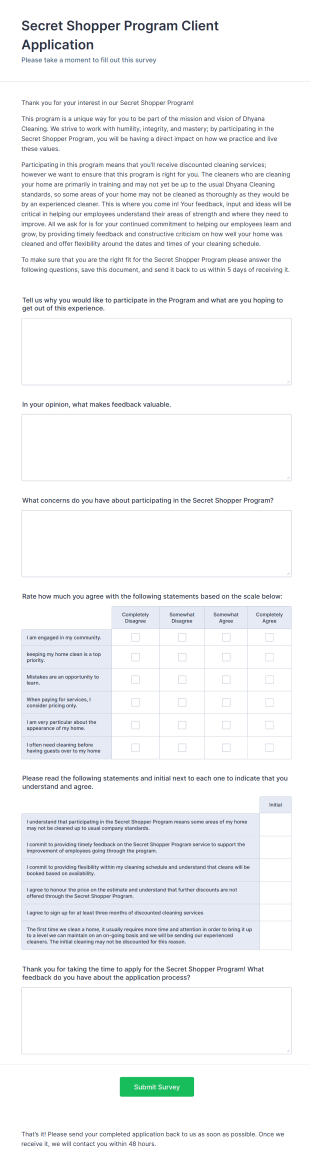 Secret Shopper Program Client Application Form Template