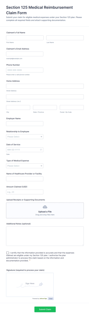 Section 125 Medical Reimbursement Claim Form Template