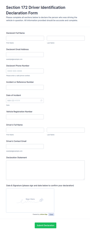 Section 172 Driver Identification Declaration Form Template