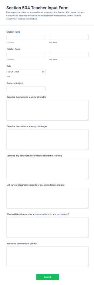 Section 504 Teacher Input Form Template