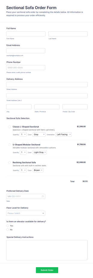 Sectional Sofa Order Form Template