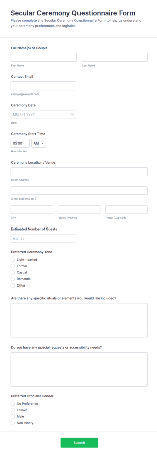 Secular Ceremony Questionnaire Form Template