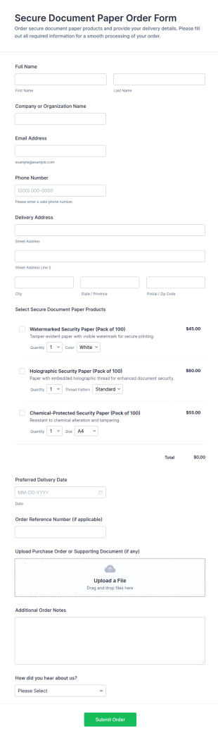 Secure Document Paper Order Form Template