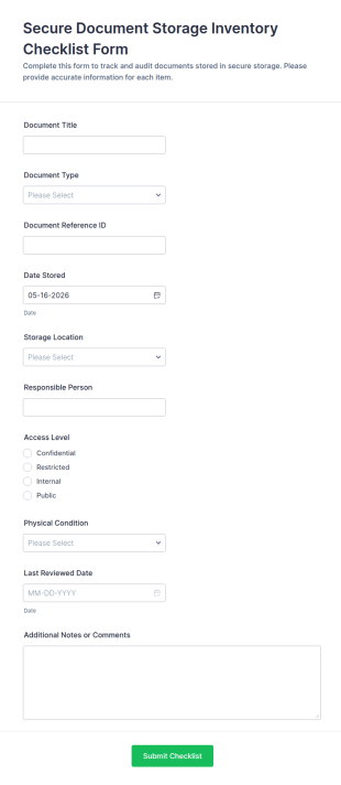 Secure Document Storage Inventory Checklist Form Template